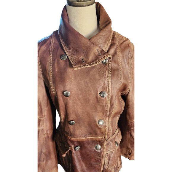 Women's Vintage Rare True Religion Jeans Leather Double Breasted Coat - Picture 2 of 11